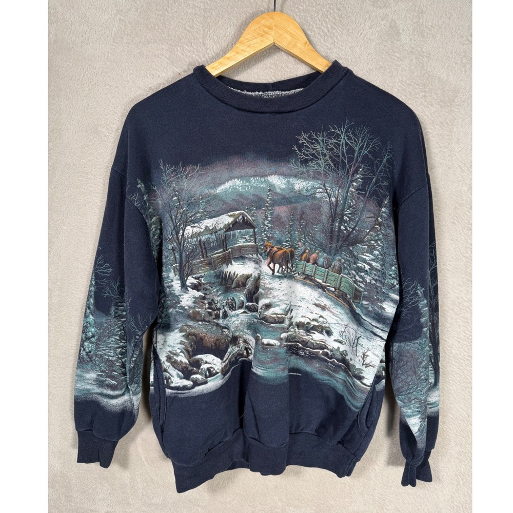 Vintage Art Unlimited Sportswear Winter Deer Graphic Sweatshirt Pockets Navy